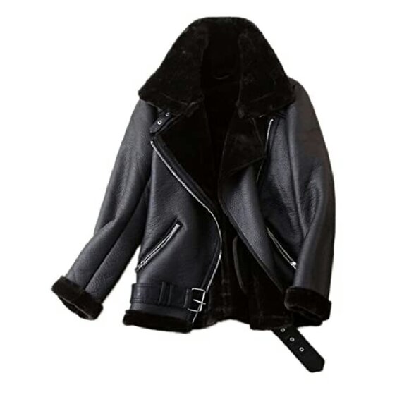 Women's Faux Shearling Moto Jacket Thick Lined Parka Winter Coat - Picture 2 of 8